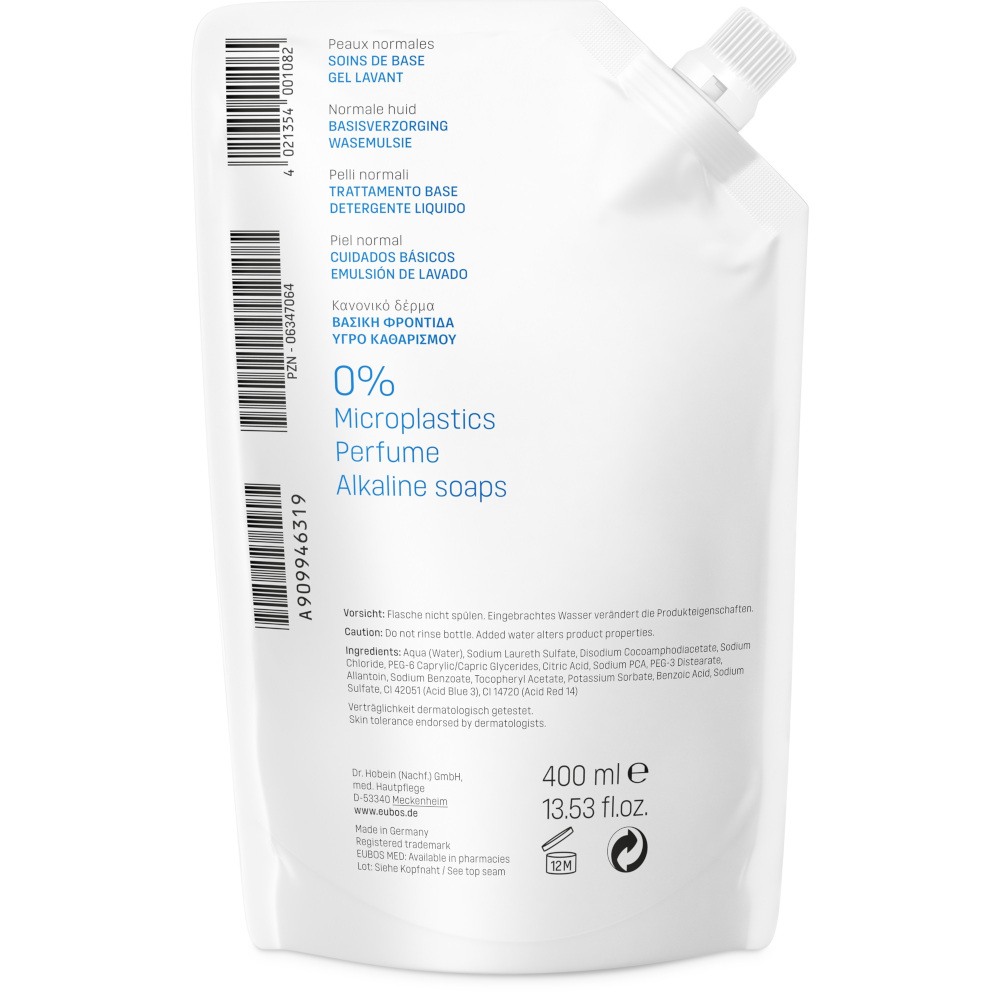 EUBOS Normale Haut BASIS PFLEGE FLÜSSIG WASCH + DUSCH Nachfüllbeutel unparfümiert 400 ml Flüssigkeit