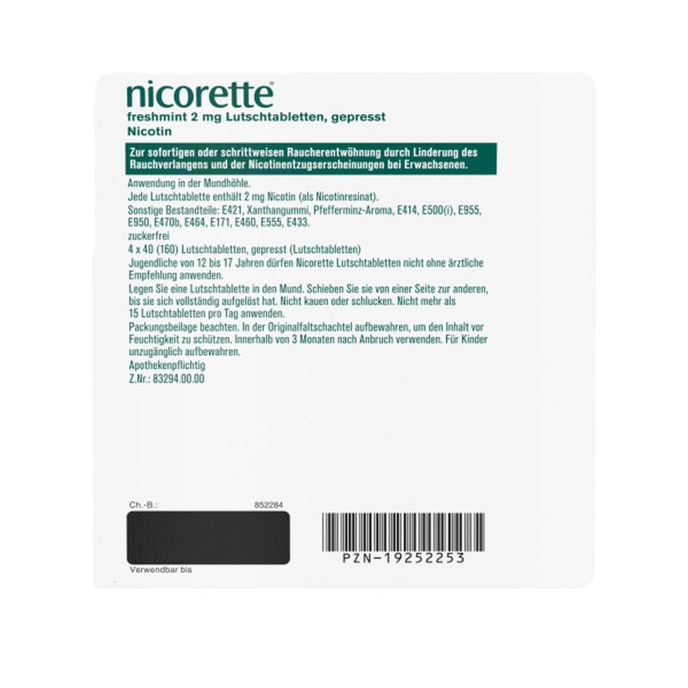 nicorette Lutschtablette freshmint 2 mg Nikotin zur Raucherentwöhnung 160 St Lutschtabletten