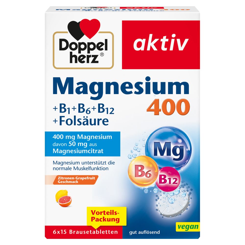 Doppelherz aktiv Magnesium 400 + B1 + B6 + B12 + Folsäure 6X15 St Brausetabletten