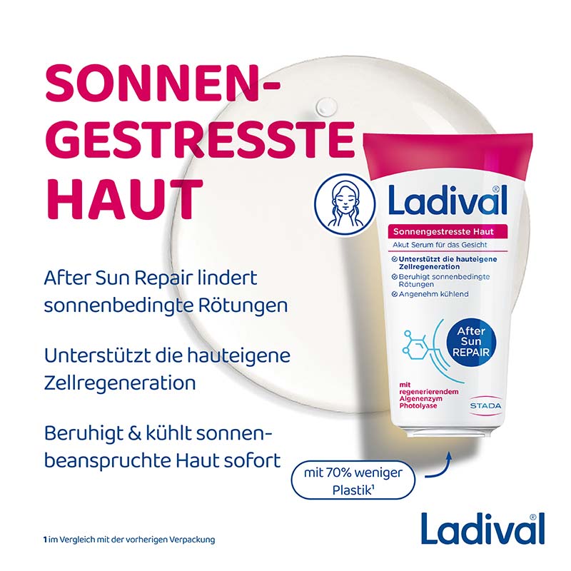Ladival Sonnengestresste Haut Akut Serum, After Sun Repair für das Gesicht, regeneriert mit Photolyase, feuchtigkeitsspendend und kühlend, mit Panthenol und Vitamin E, 50ml