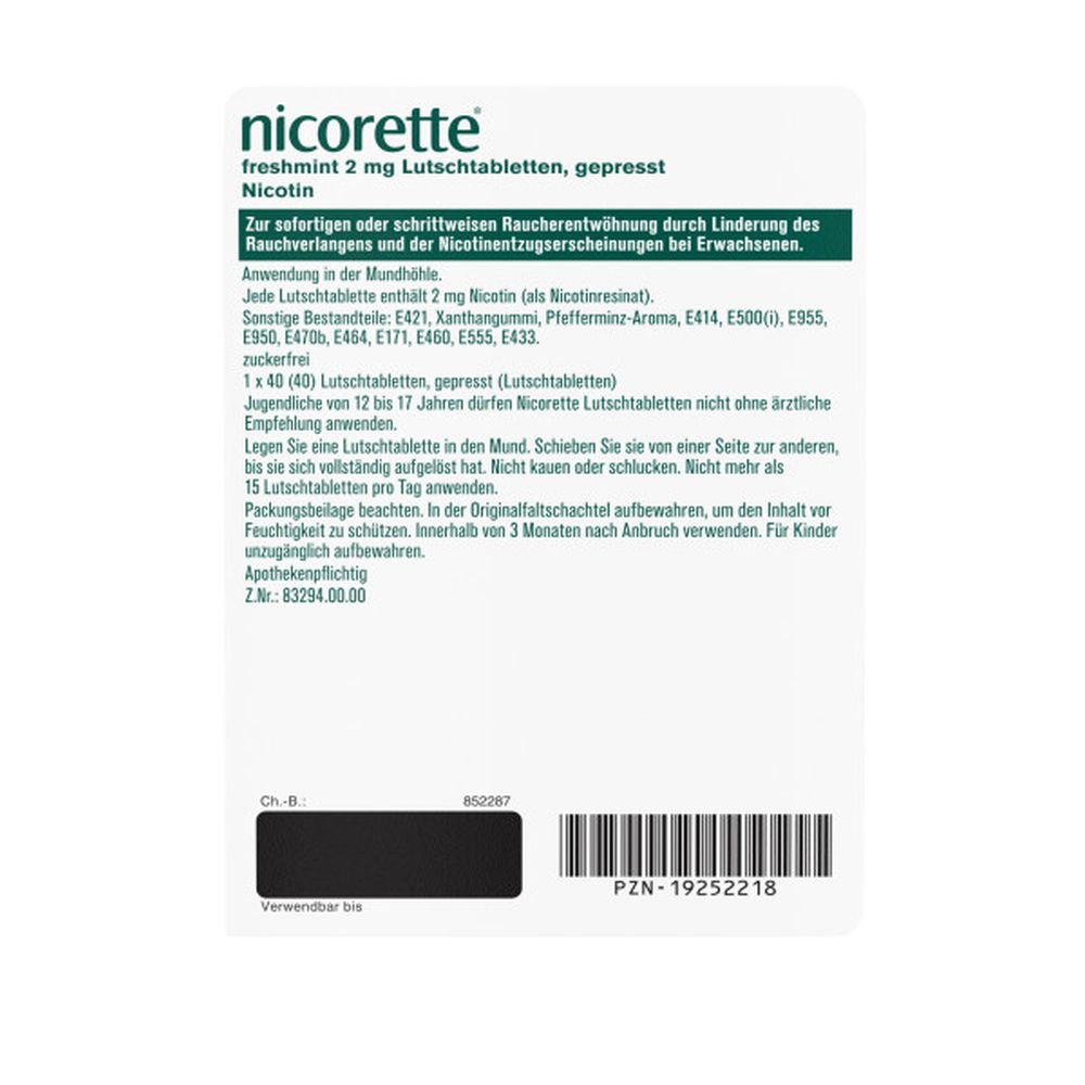 nicorette Lutschtablette freshmint 2 mg Nikotin zur Raucherentwöhnung 40 St Lutschtabletten