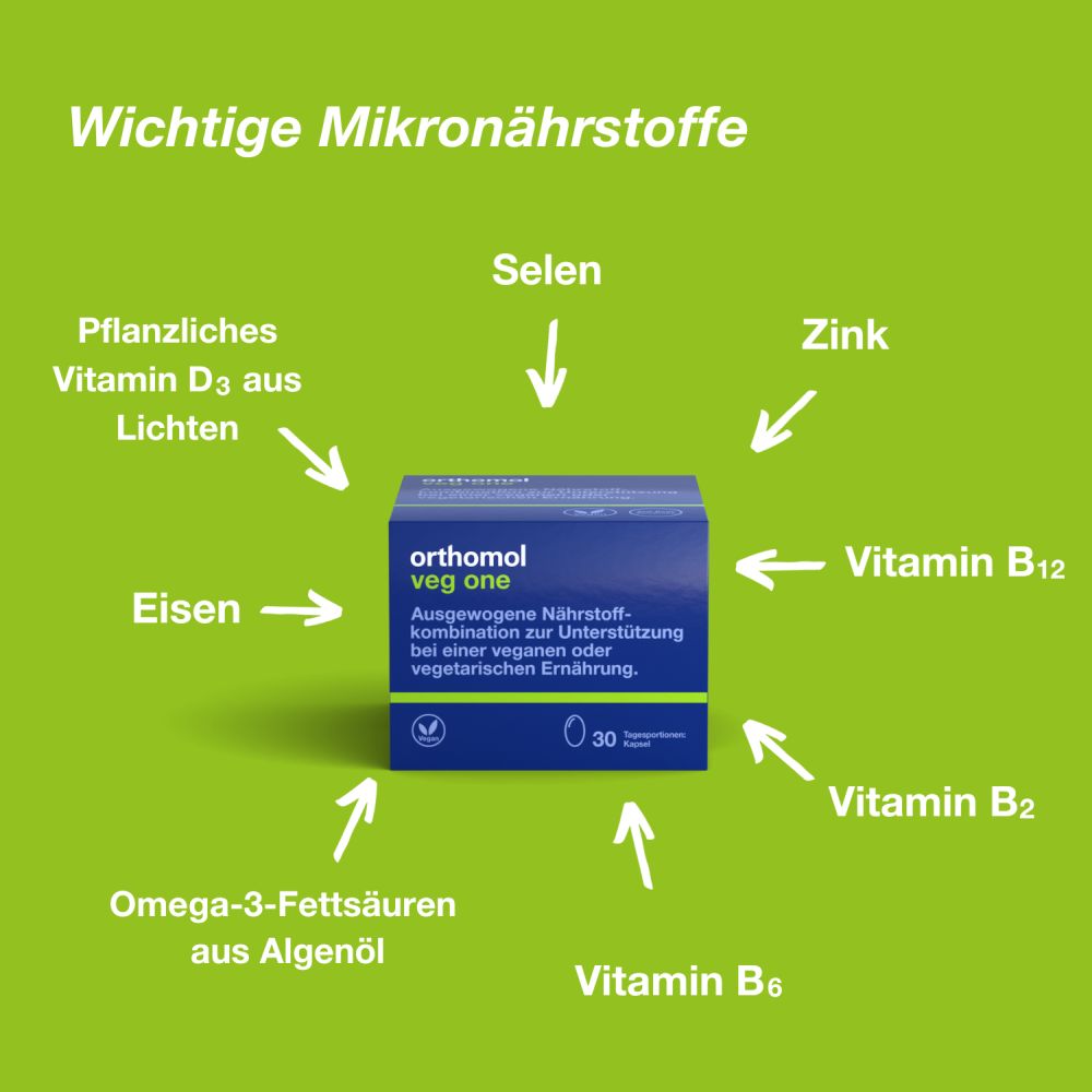 orthomol veg one - unterstützt bei veganer oder vegetarischer Ernährung - mit Vitamin D, Omega-3-Fettsäure und Eisen - Kapseln