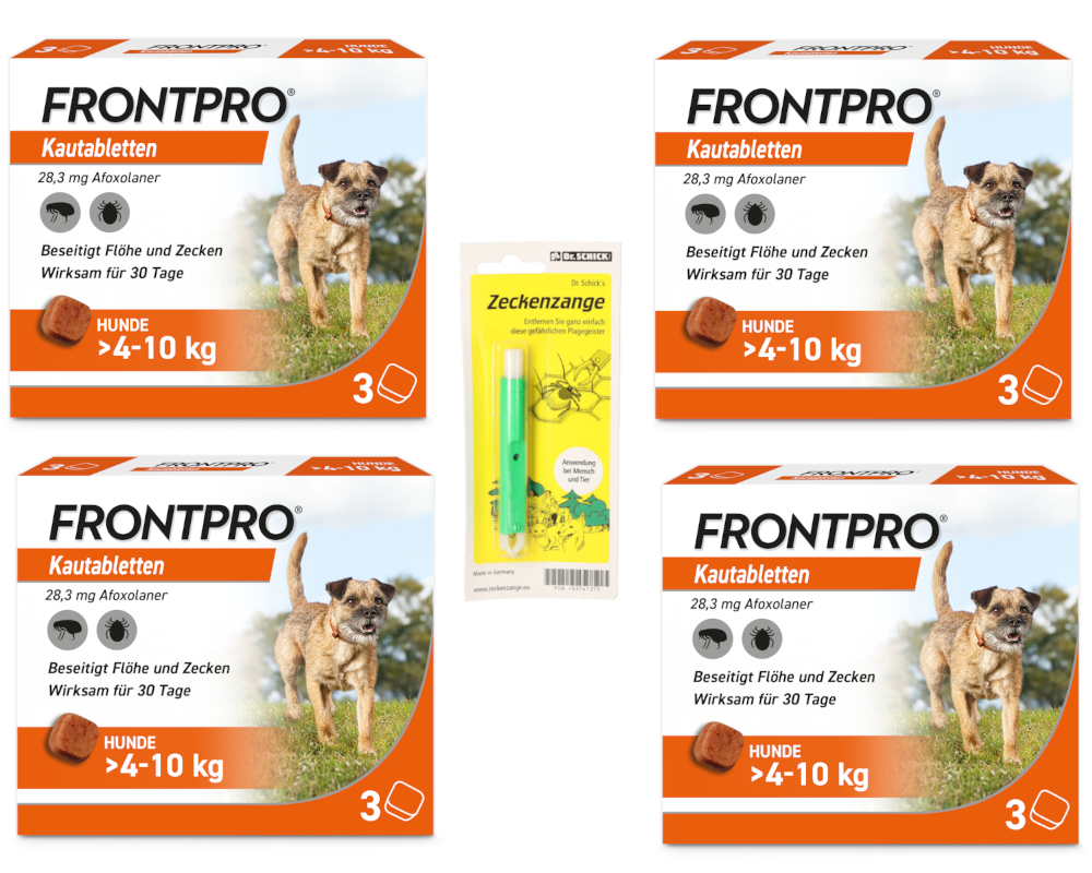 4x FRONTPRO Hunde 4-10 kg + Zeckenzange Set 1 St Sparset