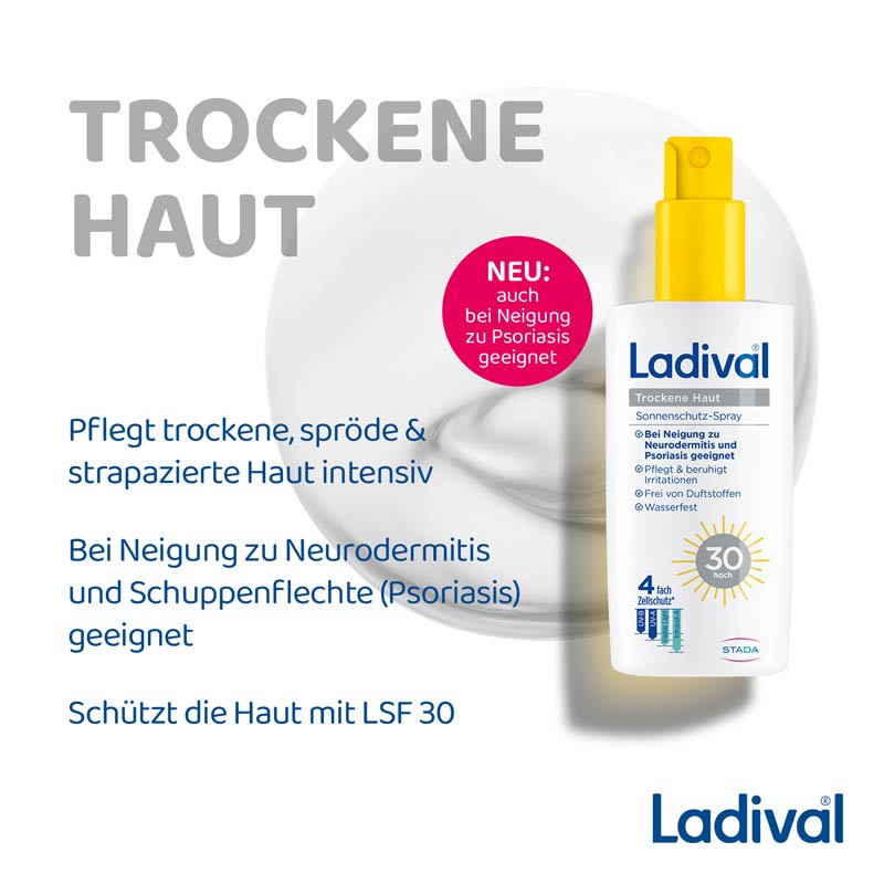Ladival Trockene Haut Sonnenschutz-Spray LSF 30: Sonnencreme bei Neigung zu Neurodermitis, Psoriasis & bei trockener Haut, beruhigend und pflegend mit Hyaluronsäure, mit 4-fach Zellschutz, wasserfest, 150ml