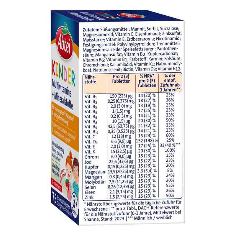 Abtei Kinder Multivitamine + Mineralstoffe Erdbeer-Geschmack Schmelztabletten 75 St Schmelztabletten