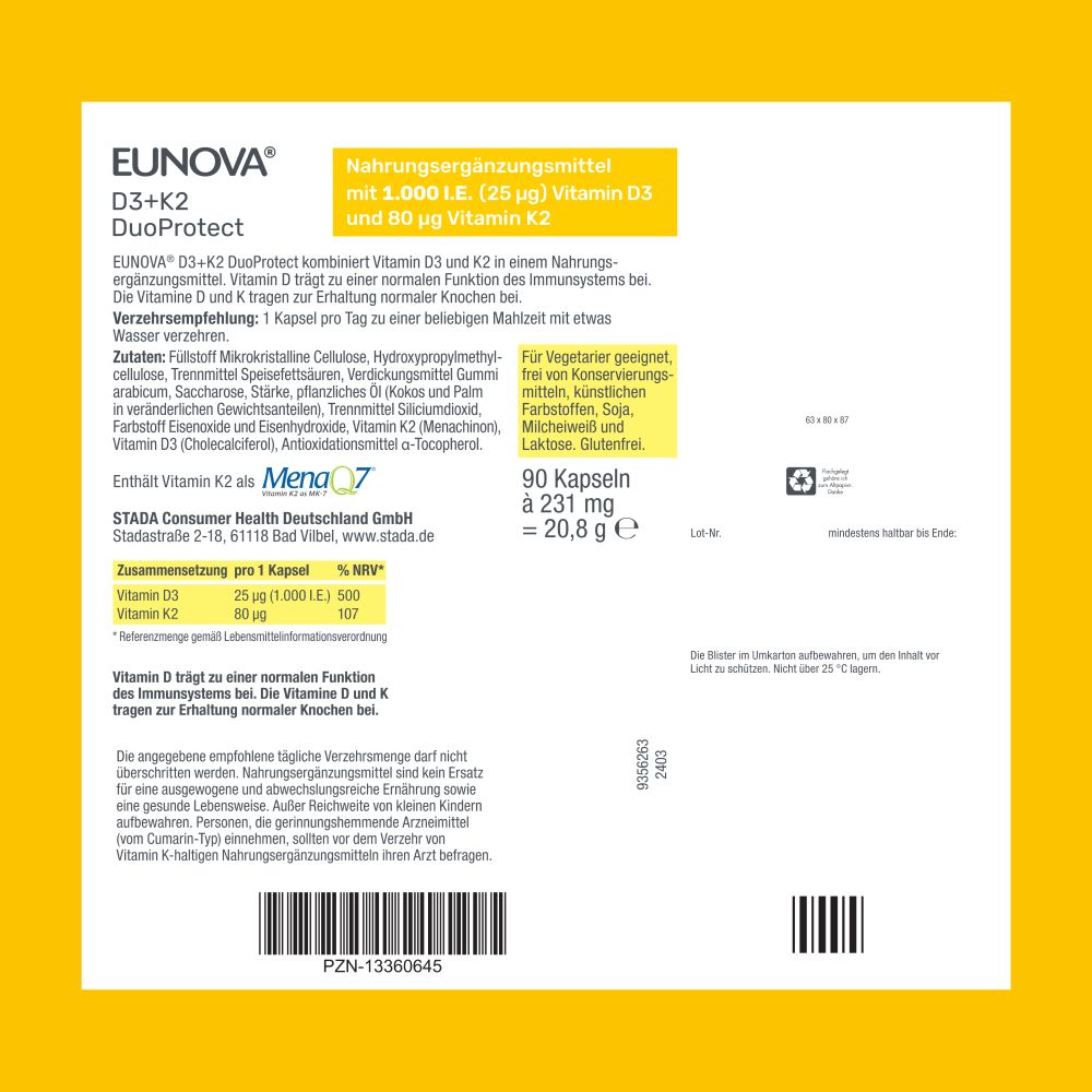 EUNOVA DuoProtect D3+K2 1000 I.E. 90 St Kapseln