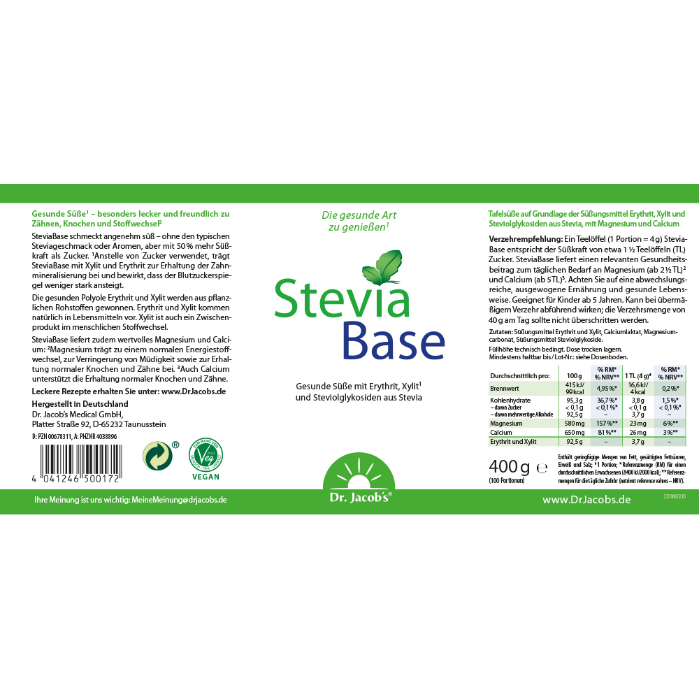 Dr. Jacob's SteviaBase Zuckerersatz Erythrit Xylit Stevia