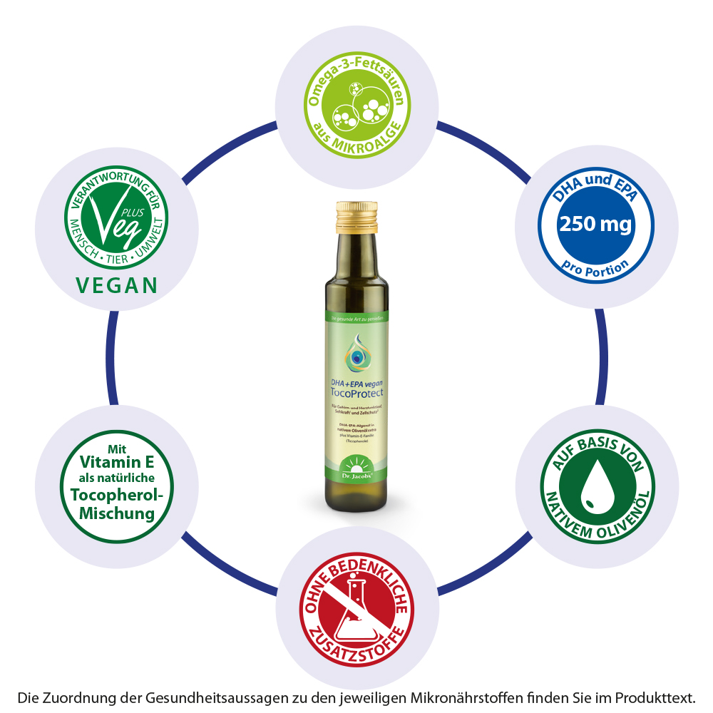 DHA + EPA vegan TocoProtect 250 ml Algenöl Olivenöl Omega-3