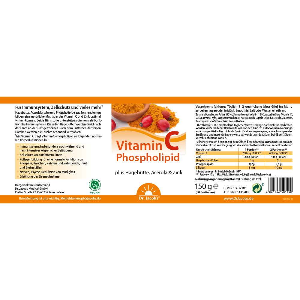Dr. Jacob's Vitamin-C-Phospholipid Hagebutte Acerola Pulver