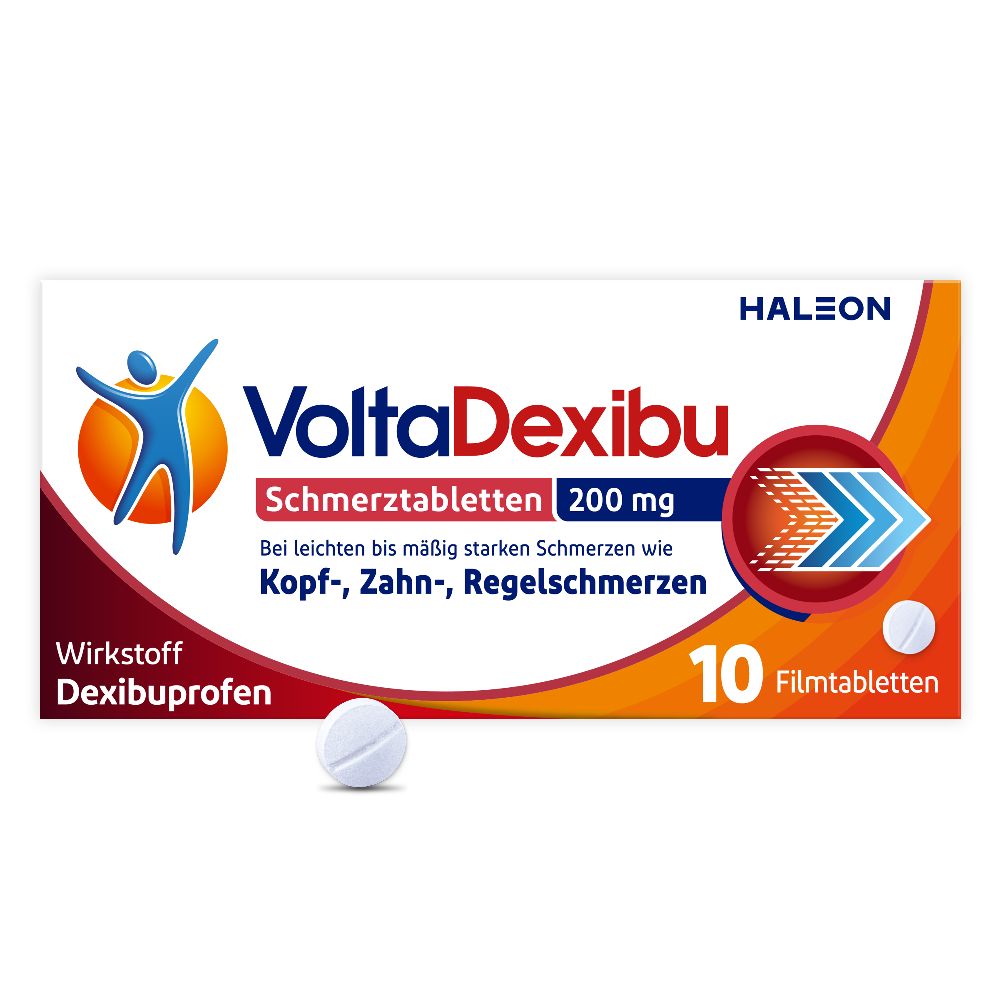 VoltaDexibu Schmerztabletten, Dexibuprofen 200 mg, Schnelle & Effektive Schmerzlinderung bei Kopfschmerzen, Zahnschmerzen, Regelschmerzen 10 St Filmtabletten