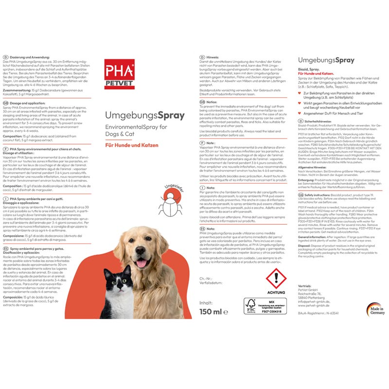 PHA UmgebungsSpray für Hunde und Katzen 150 ml Spray