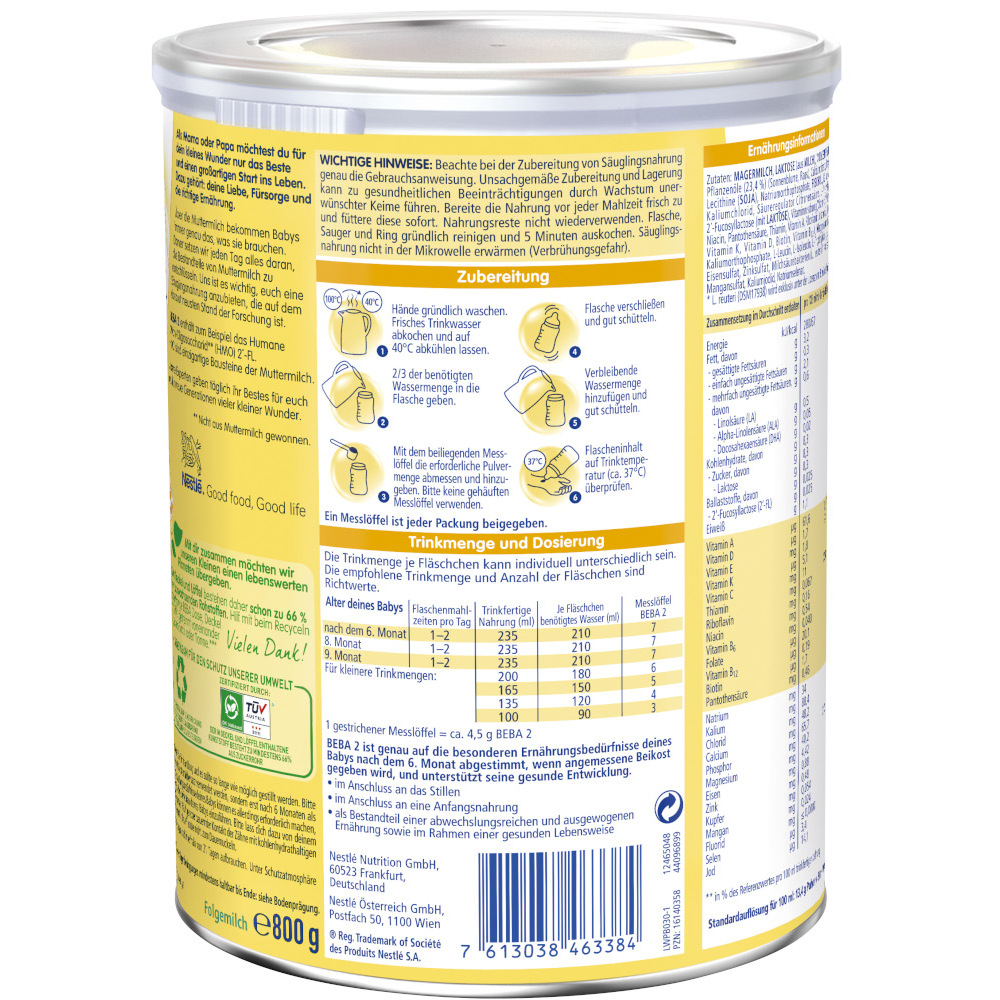 Nestle BEBA HMO 2 FOLGEMILCH 800 g Pulver