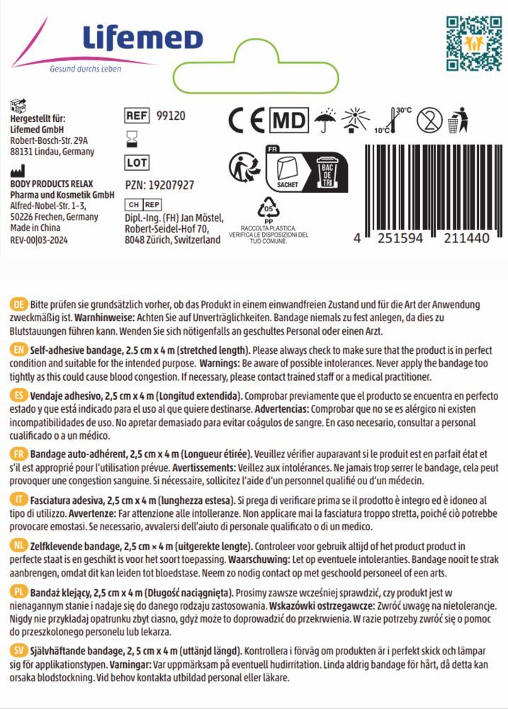 Lifemed Selbsthaftender Pflasterverband 2,5 cm x 4 m 1 Packung Pflaster