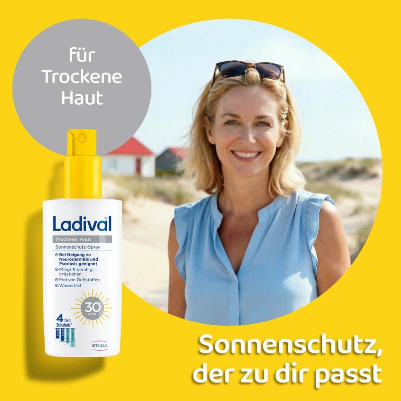 Ladival Trockene Haut Sonnenschutz-Spray LSF 30: Sonnencreme bei Neigung zu Neurodermitis, Psoriasis & bei trockener Haut, beruhigend und pflegend mit Hyaluronsäure, mit 4-fach Zellschutz, wasserfest, 150ml