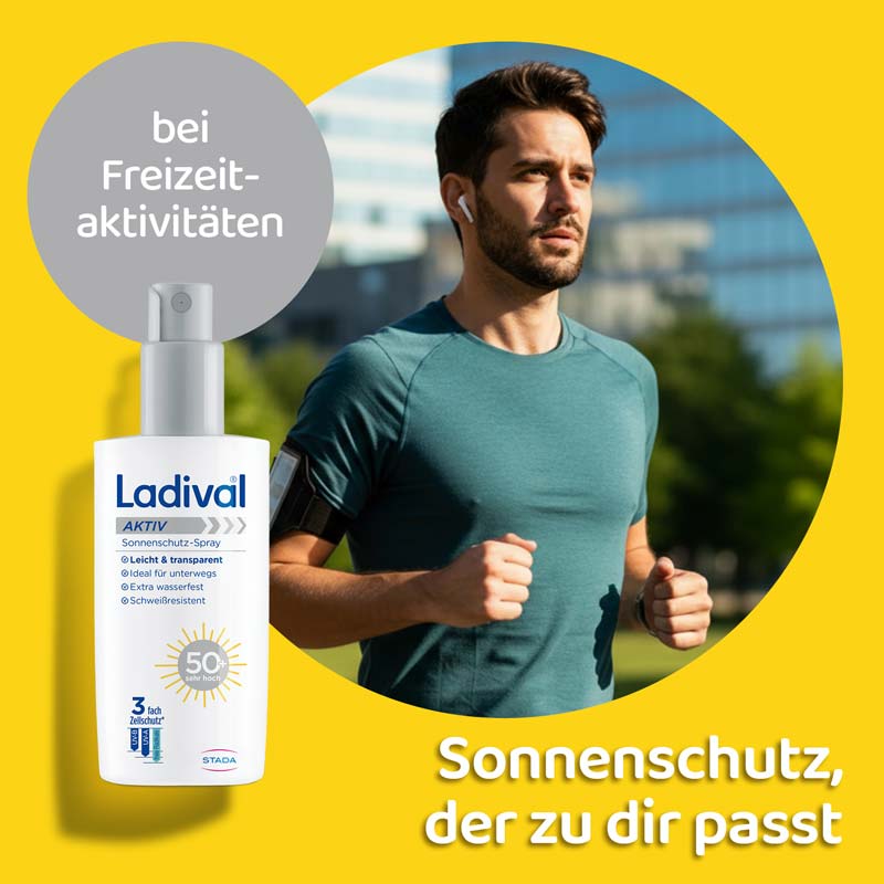 Ladival Aktiv Sonnenschutz-Spray LSF 50+: Sonnencreme für den Körper, ideal für Sport und unterwegs, extra wasserfest & schweißresistent, mit 3-fach Zellschutz, 150ml  