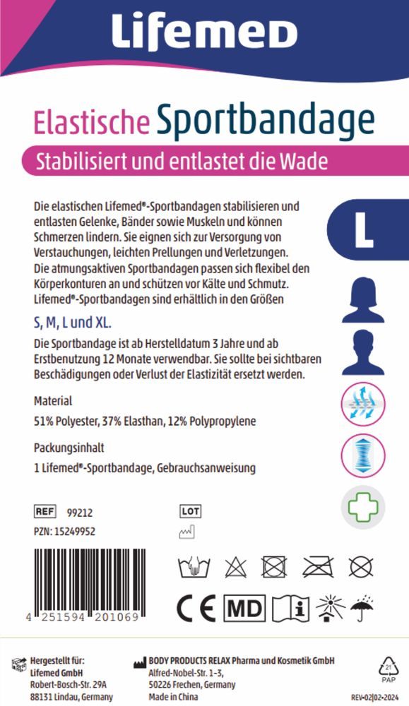 LifemeD Elastische Sportbandage Wade L 1 St Bandage