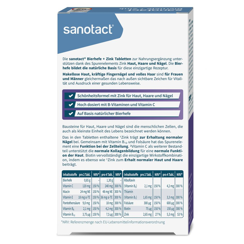 sanotact Bierhefe + Zink + Biotin + B12 + B6 30 g Tabletten