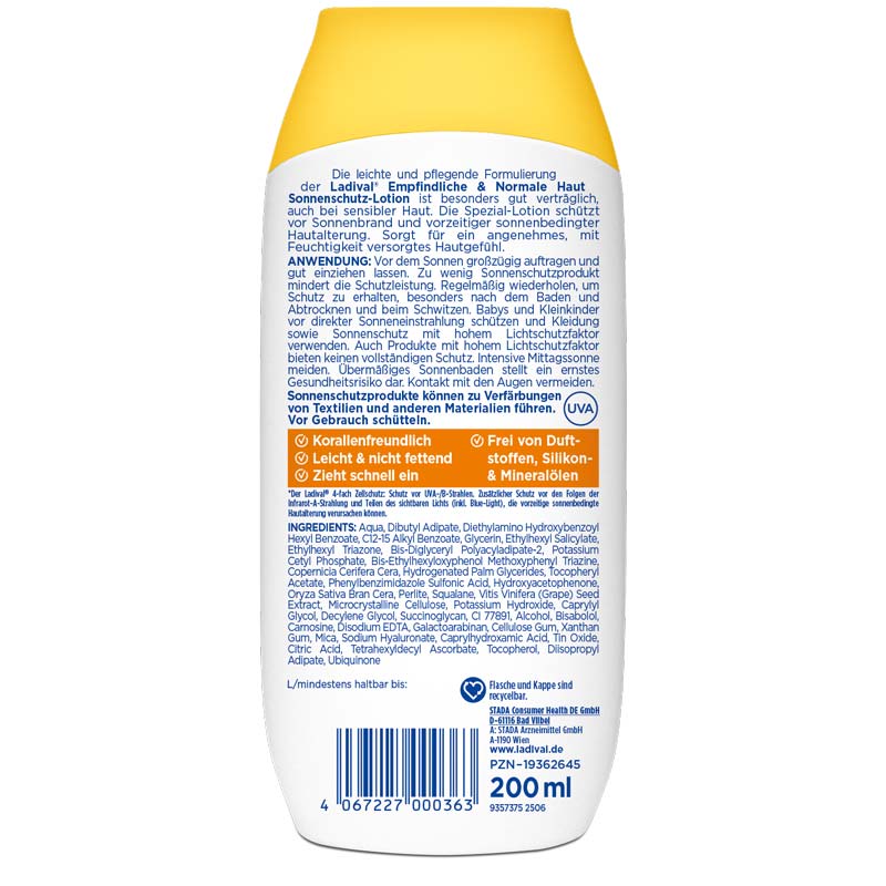 Ladvial Empfindliche & Normale Haut Sonnenschutz-Lotion LSF 50+: Sonnencreme für den Körper, spendet Feuchtigkeit, wasserfest, mit 4-fach Zellschutz, 200ml