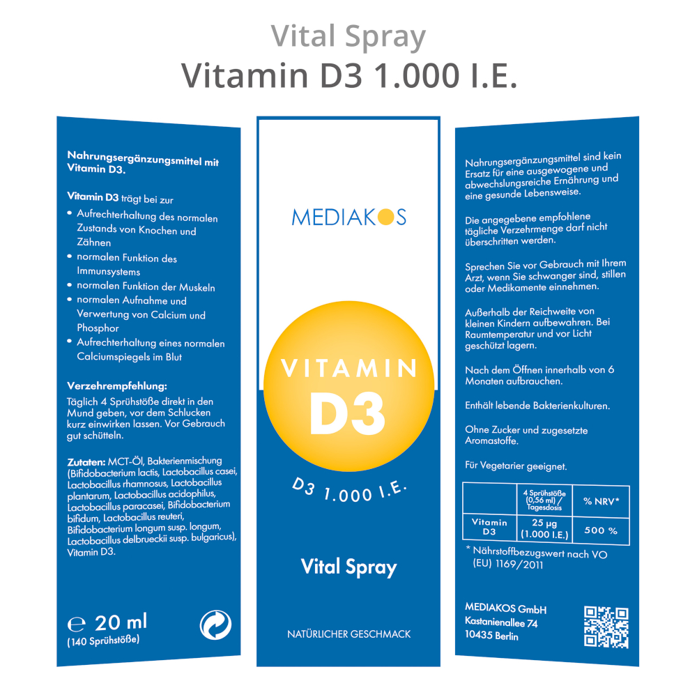 MEDIAKOS Vitamin D3 1000 IE Vital Spray 20 ml Spray