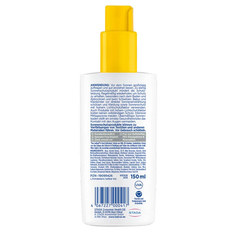 Ladival Trockene Haut Sonnenschutz-Spray LSF 30: Sonnencreme bei Neigung zu Neurodermitis, Psoriasis & bei trockener Haut, beruhigend und pflegend mit Hyaluronsäure, mit 4-fach Zellschutz, wasserfest, 150ml