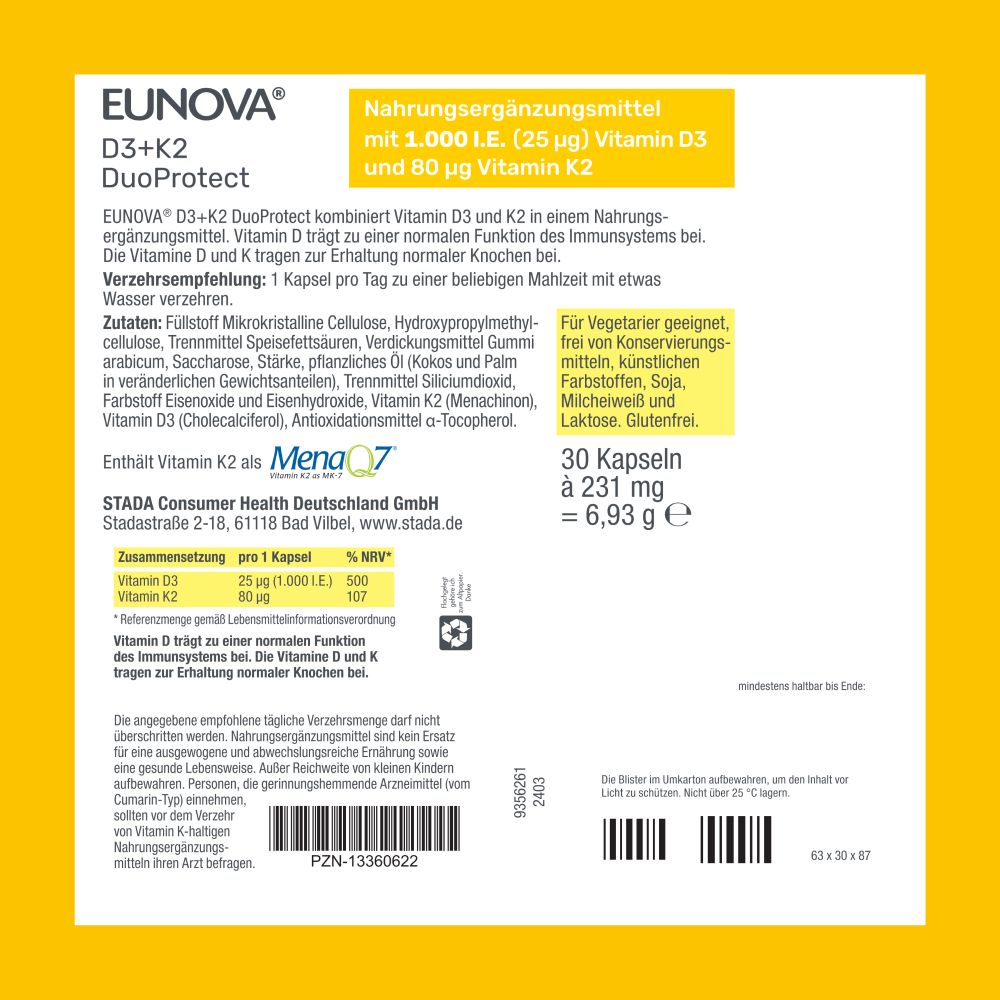 EUNOVA DuoProtect D3+K2 1000 I.E. 30 St Kapseln